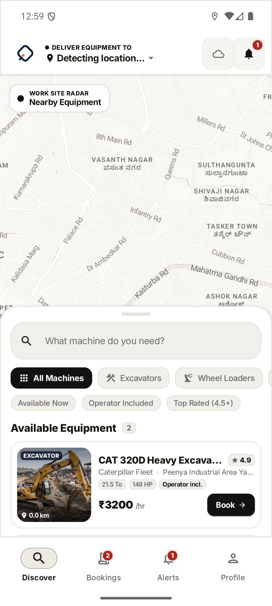 OneEquip Discover screen showing nearby machinery, filters, and a CAT 320D excavator listing with rate and rating